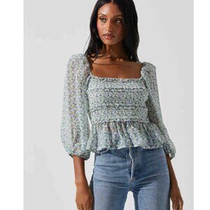 ASTR the Label Blue Floral Smocked Tie Back Shirt